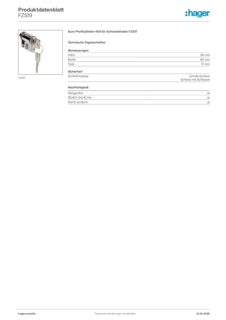 Bild Hager Produktdatenblatt FZ519 | Hager Deutschland