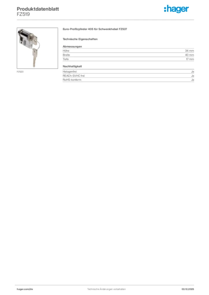 Hager Produktdatenblatt FZ519