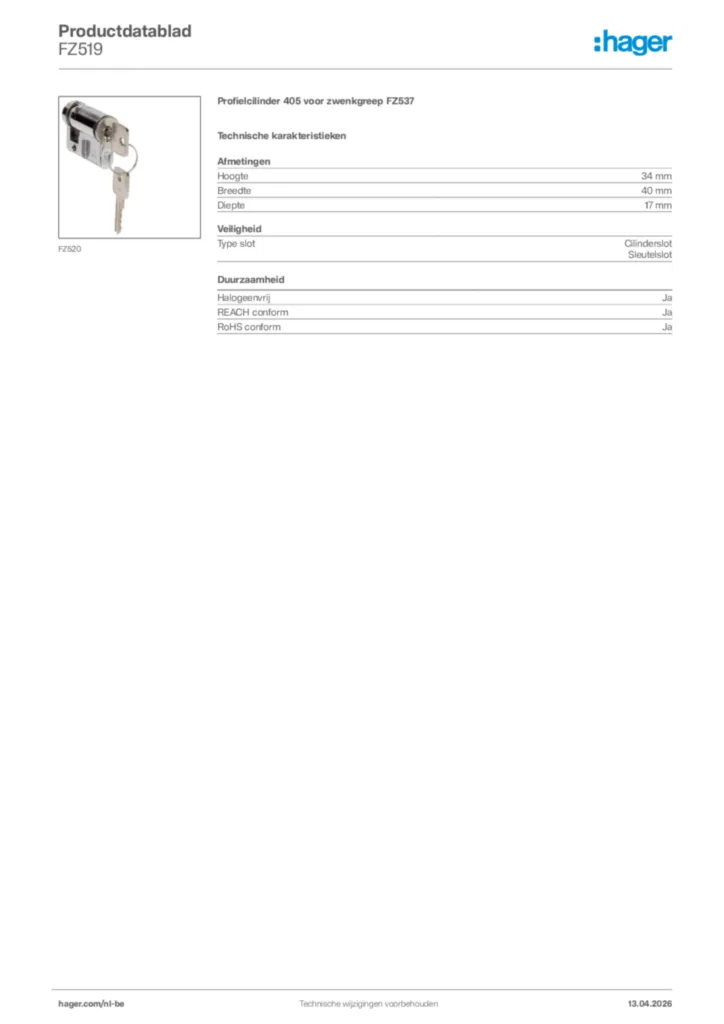 Afbeelding Hager Productdatablad FZ519 | Hager Belgium