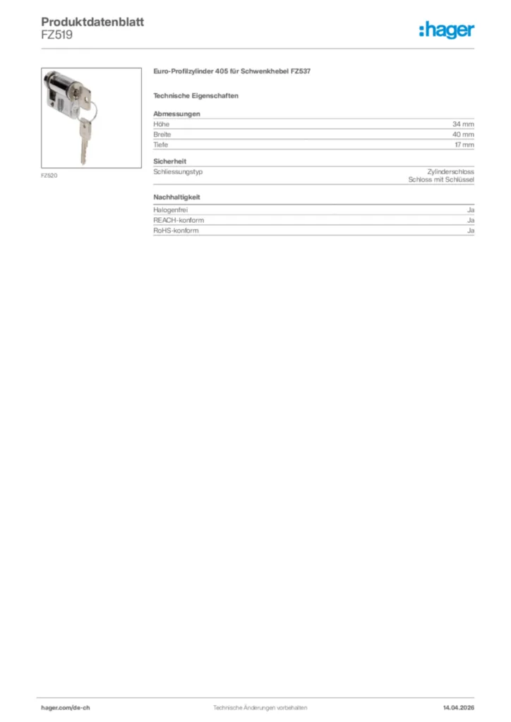 Bild Hager Produktdatenblatt FZ519 | Hager Schweiz