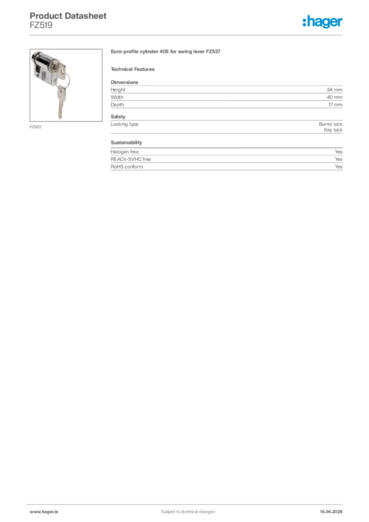 Image Hager Product data sheet FZ519  | Hager