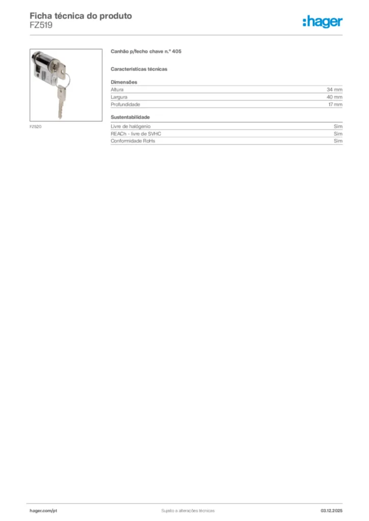 Imagem Hager Ficha técnica do produto FZ519 | Hager Portugal