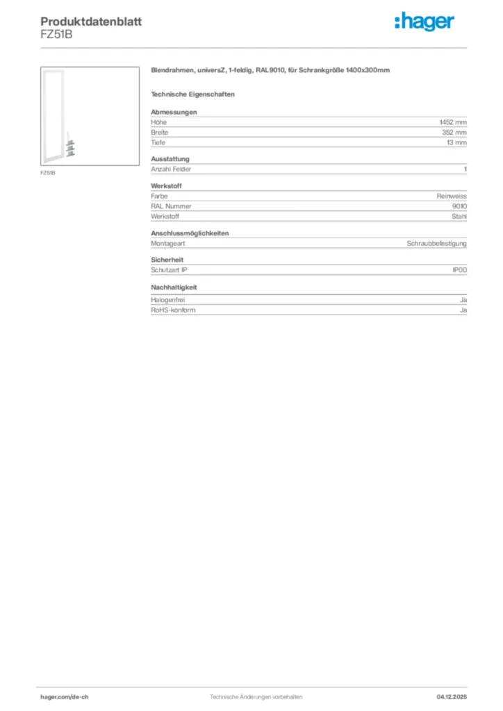 Bild Hager Produktdatenblatt FZ51B | Hager Schweiz