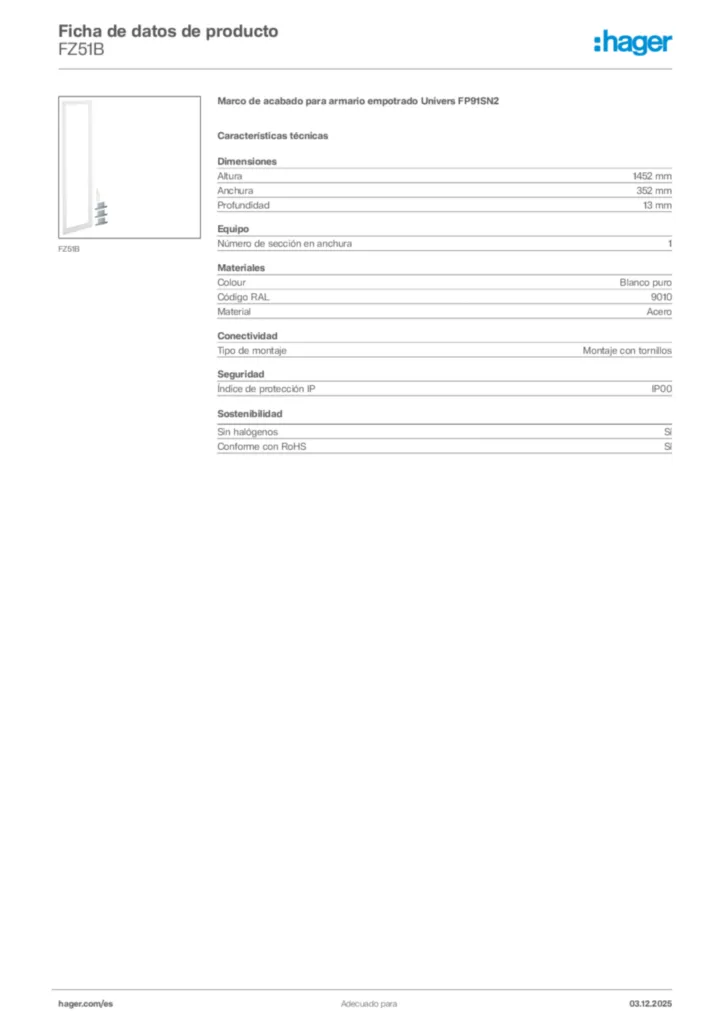 Imagen Hager Ficha de datos de producto FZ51B | Hager España