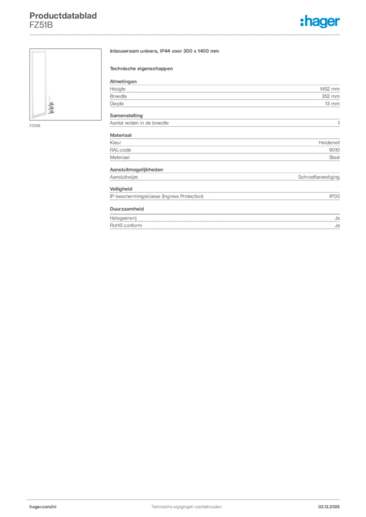 Afbeelding Hager Productdatablad FZ51B | Hager Nederland