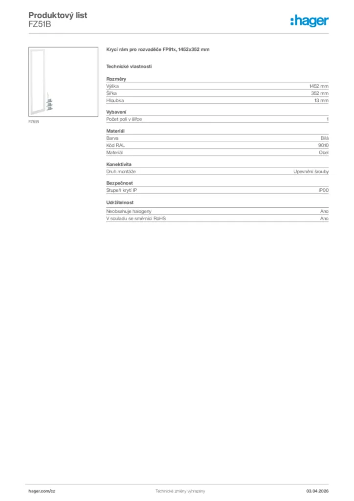 Obrázek Hager Product data sheet FZ51B | Hager