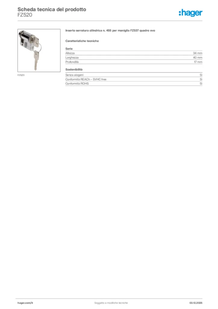 Immagine Hager Scheda tecnica del prodotto FZ520 | Hager Italia