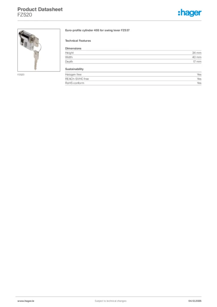Image Hager Product data sheet FZ520  | Hager