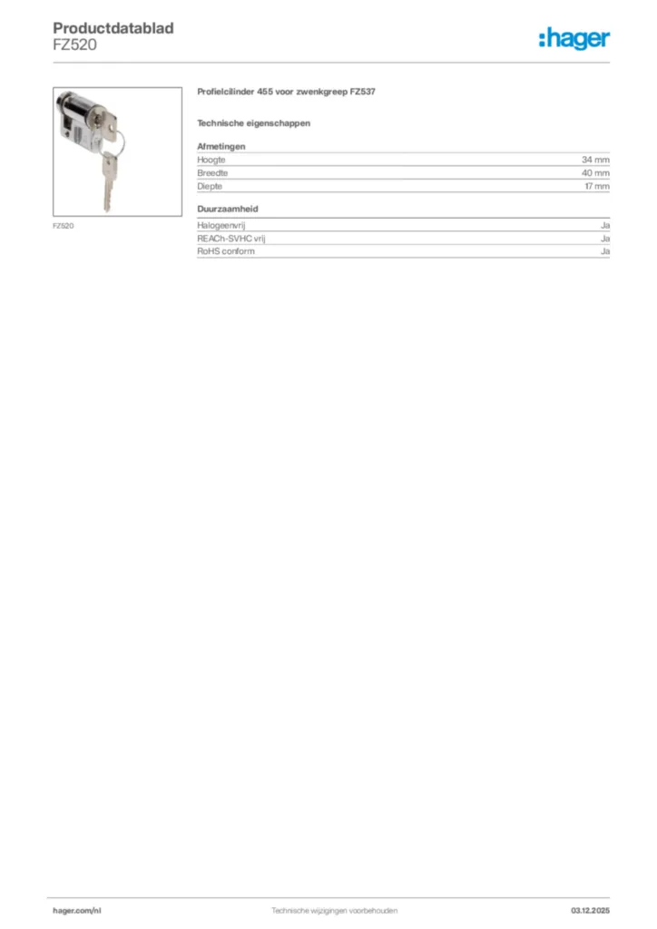 Afbeelding Hager Productdatablad FZ520 | Hager Nederland