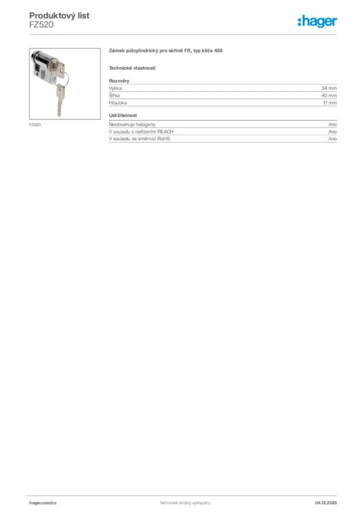 Obrázek Hager Product data sheet FZ520 | Hager