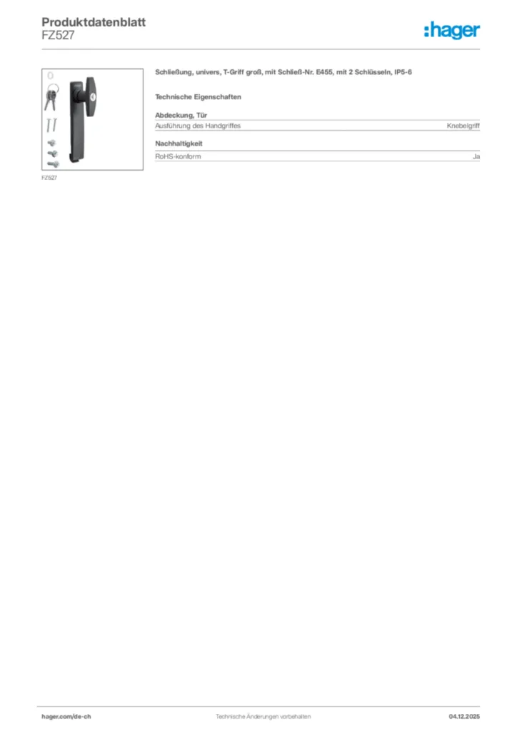Bild Hager Produktdatenblatt FZ527 | Hager Schweiz