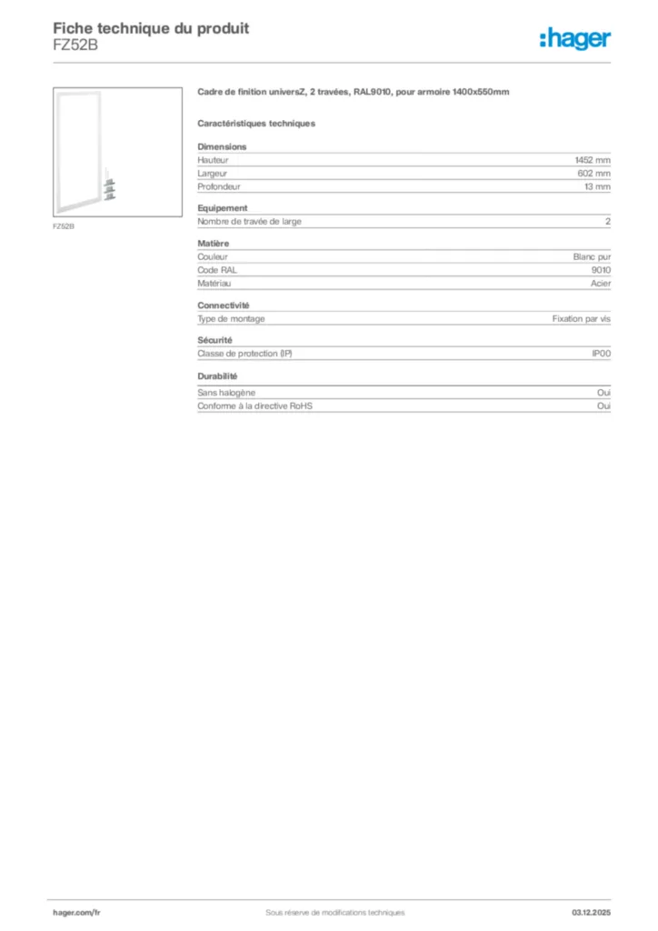 Image Hager Fiche technique du produit FZ52B | Hager France