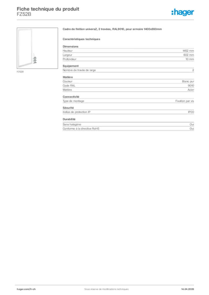 Image Hager Fiche technique du produit FZ52B | Hager Suisse