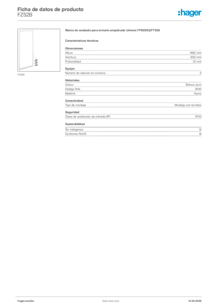 Imagen Hager Ficha de datos de producto FZ52B | Hager España