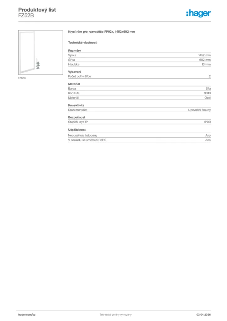 Obrázek Hager Product data sheet FZ52B | Hager