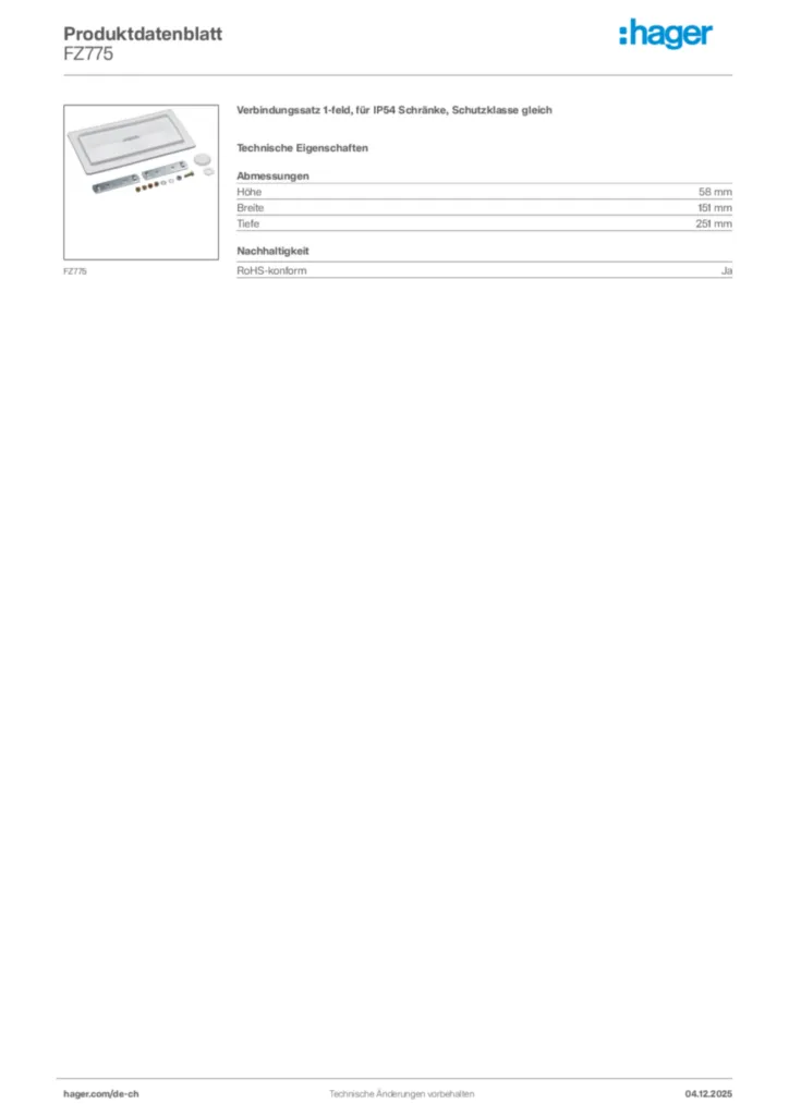 Bild Hager Produktdatenblatt FZ775 | Hager Schweiz