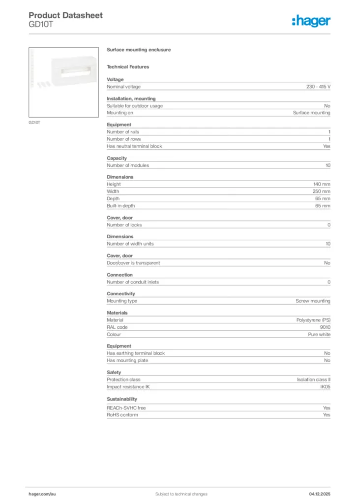 Image Hager Product data sheet GD10T  | Hager Australia