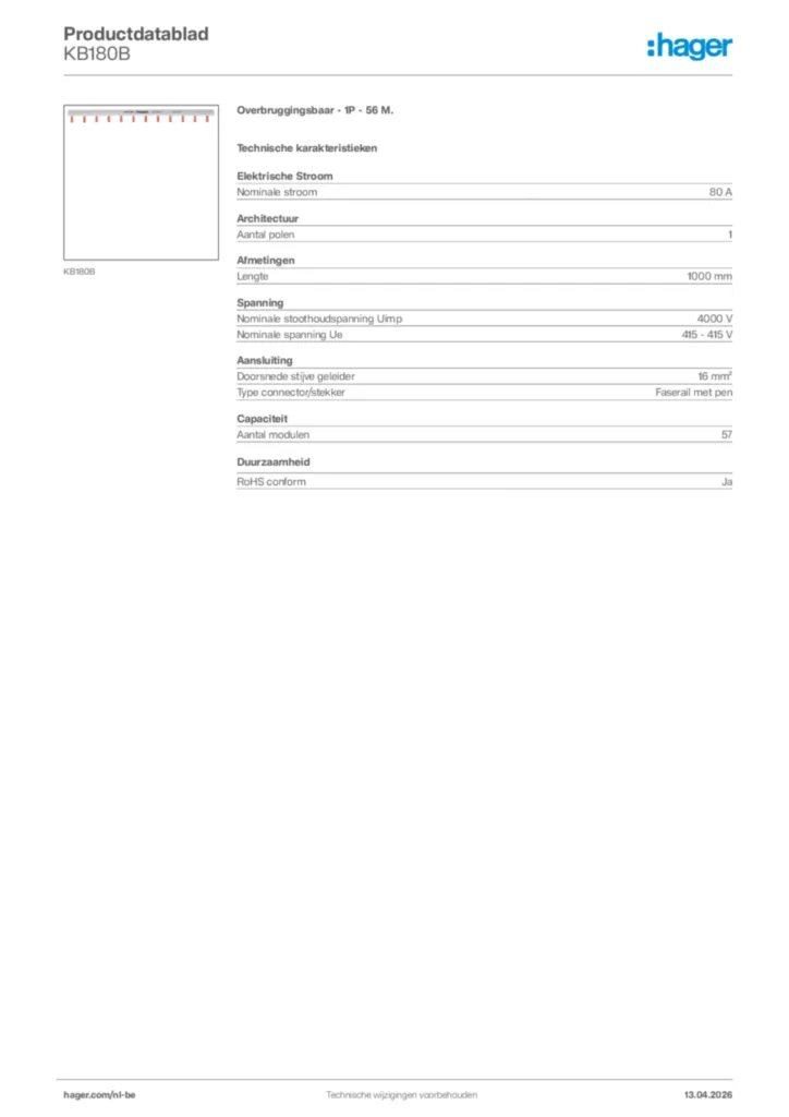 Afbeelding Hager Productdatablad KB180B | Hager Belgium