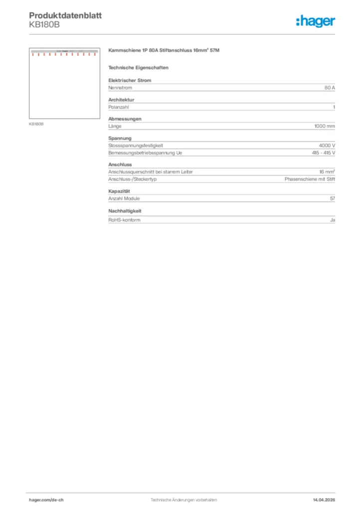 Bild Hager Produktdatenblatt KB180B | Hager Schweiz