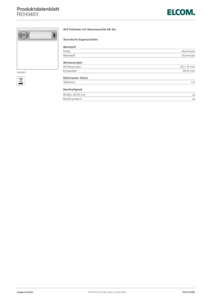 Bild Elcom Produktdatenblatt REH045Y | Hager Deutschland