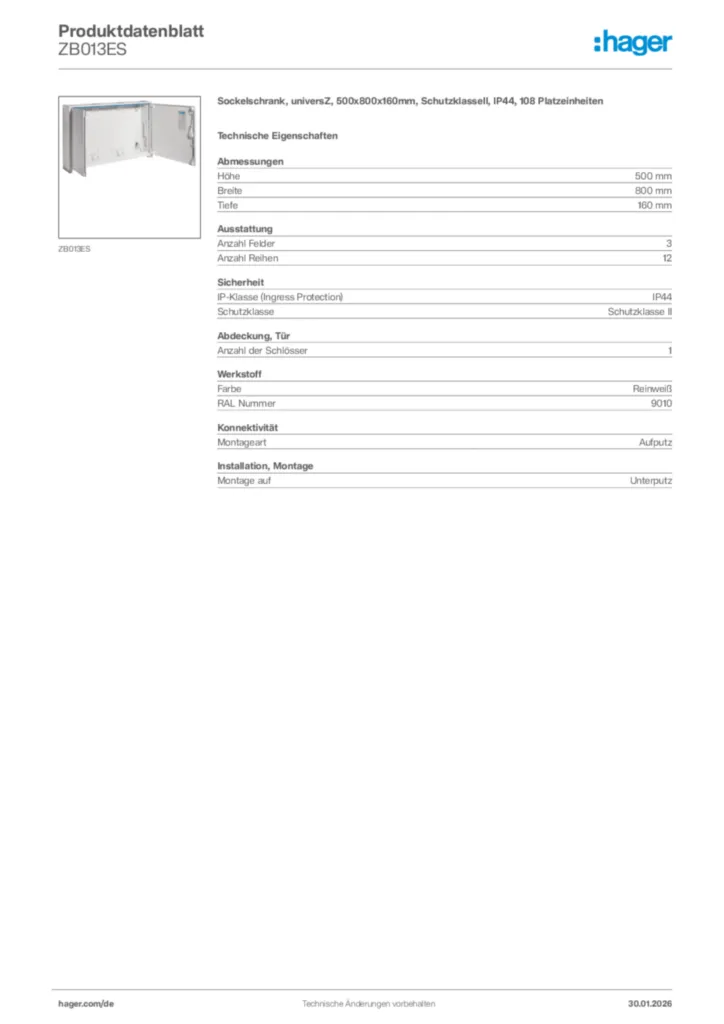 Bild Hager Produktdatenblatt ZB013ES | Hager Deutschland