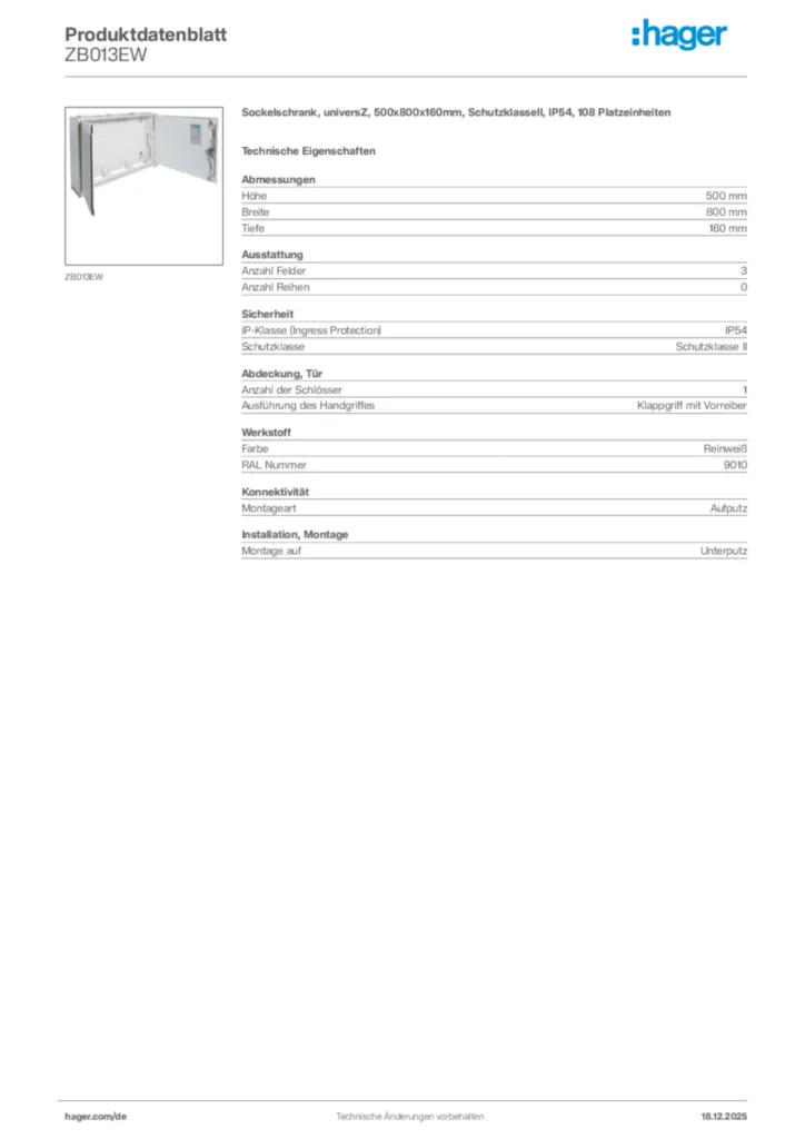 Bild Hager Produktdatenblatt ZB013EW | Hager Deutschland