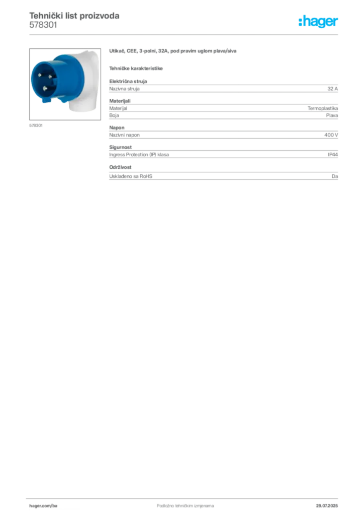Slika Hager Product data sheet 578301  | Hager