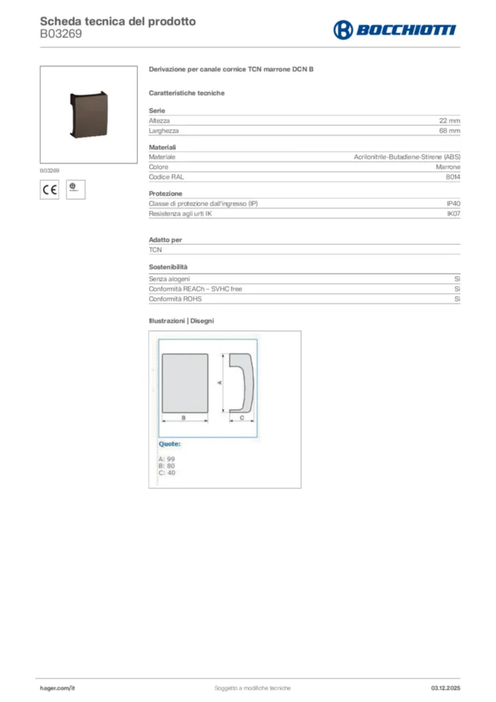 Immagine Bocchiotti Scheda tecnica del prodotto B03269 | Hager Italia