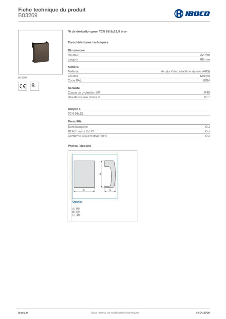 Image Iboco Fiche technique du produit B03269 | Hager France