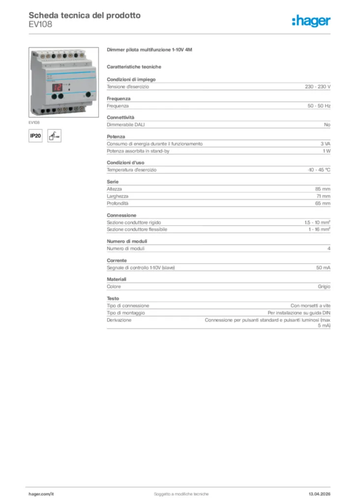 Immagine Hager Scheda tecnica del prodotto EV108 | Hager Italia