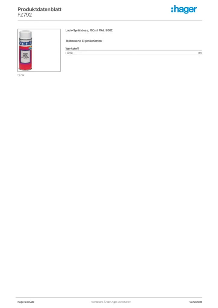 Bild Hager Produktdatenblatt FZ792 | Hager Deutschland