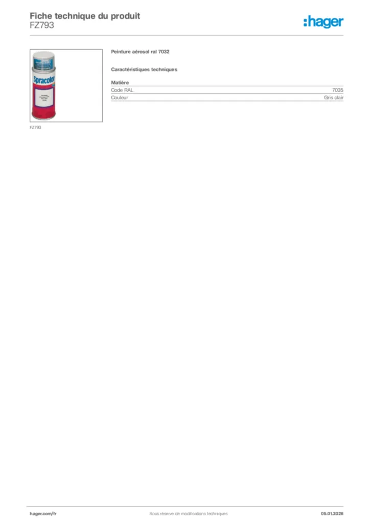 Image Hager Fiche technique du produit FZ793 | Hager France