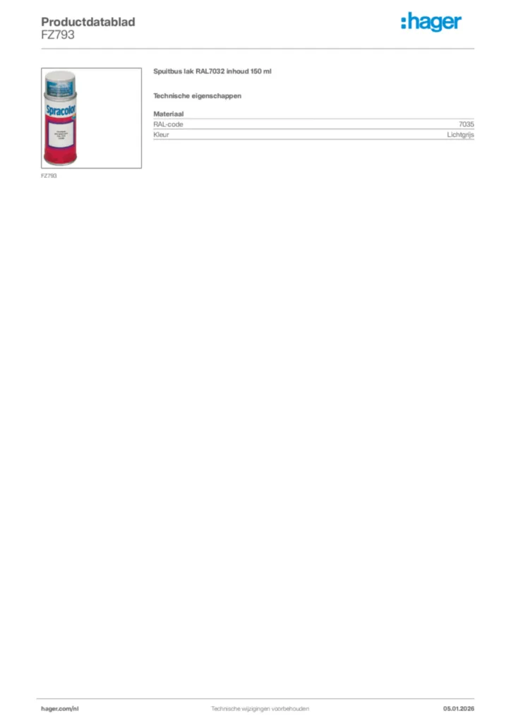 Afbeelding Hager Productdatablad FZ793 | Hager Nederland