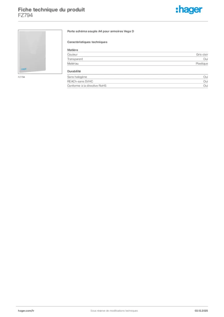 Image Hager Fiche technique du produit FZ794 | Hager France