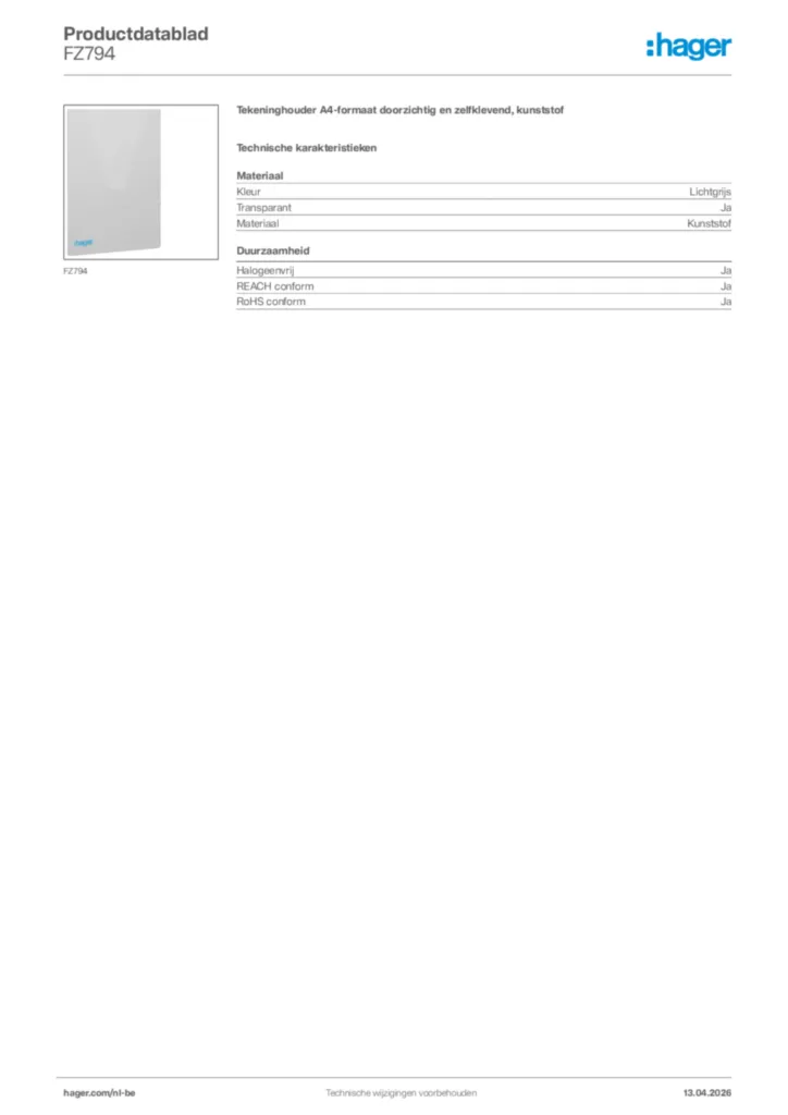 Afbeelding Hager Productdatablad FZ794 | Hager Belgium
