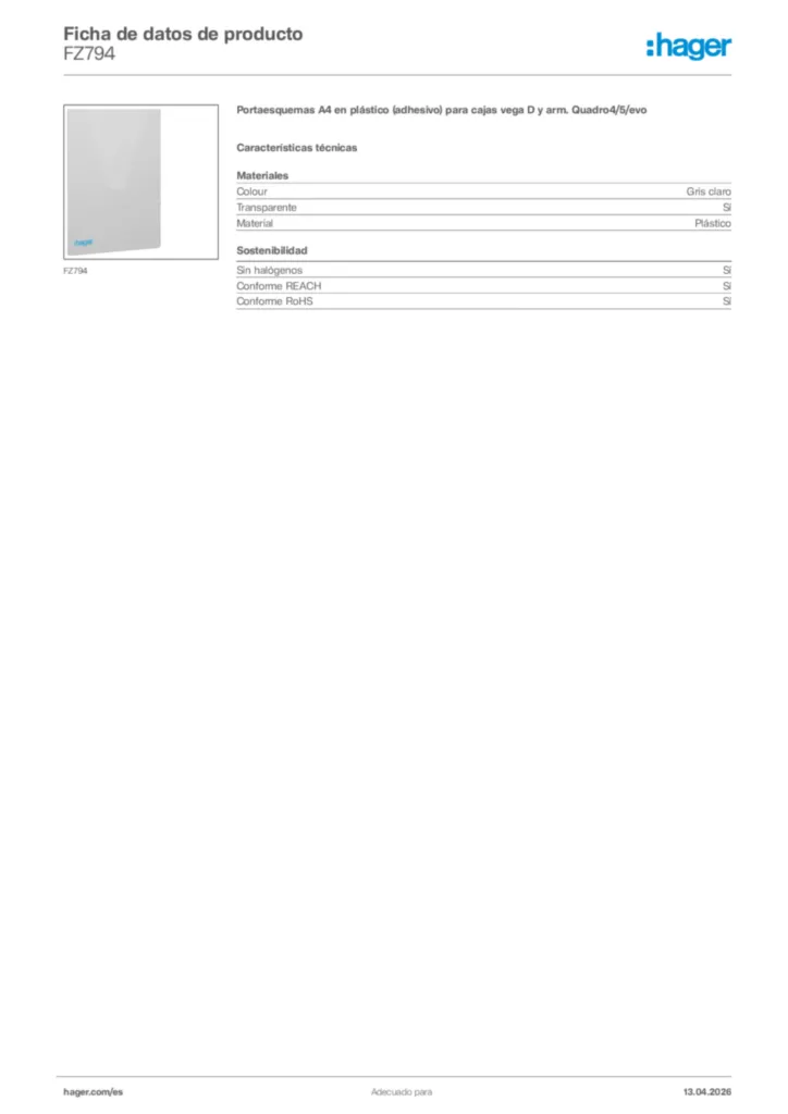 Imagen Hager Ficha de datos de producto FZ794 | Hager España