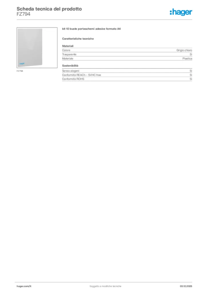 Immagine Hager Scheda tecnica del prodotto FZ794 | Hager Italia
