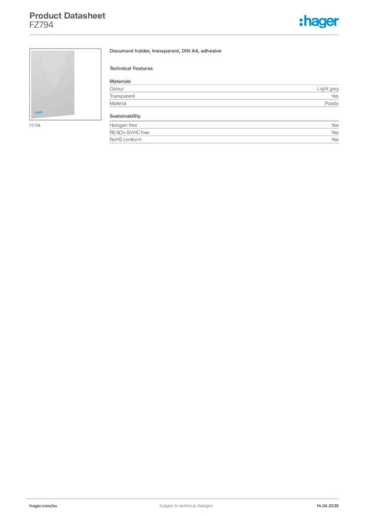 Image Hager Product data sheet FZ794  | Hager Australia