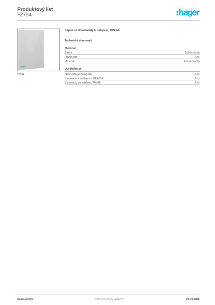 Obrázek Hager Produktový list FZ794 | Hager