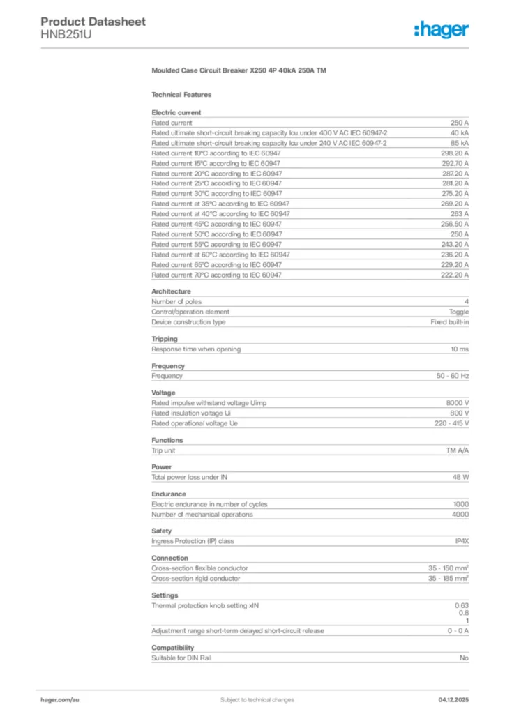 Image Hager Product data sheet HNB251U  | Hager Australia