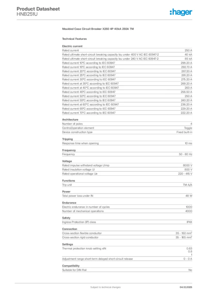 Image Hager Product data sheet HNB251U  | Hager