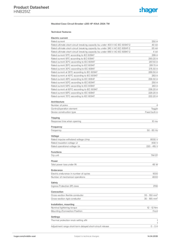 Image Hager Product data sheet HNB251Z  | Hager