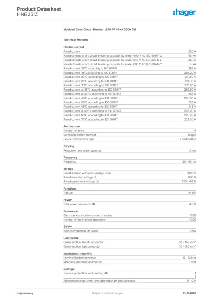 Image Hager Product data sheet HNB251Z  | Hager