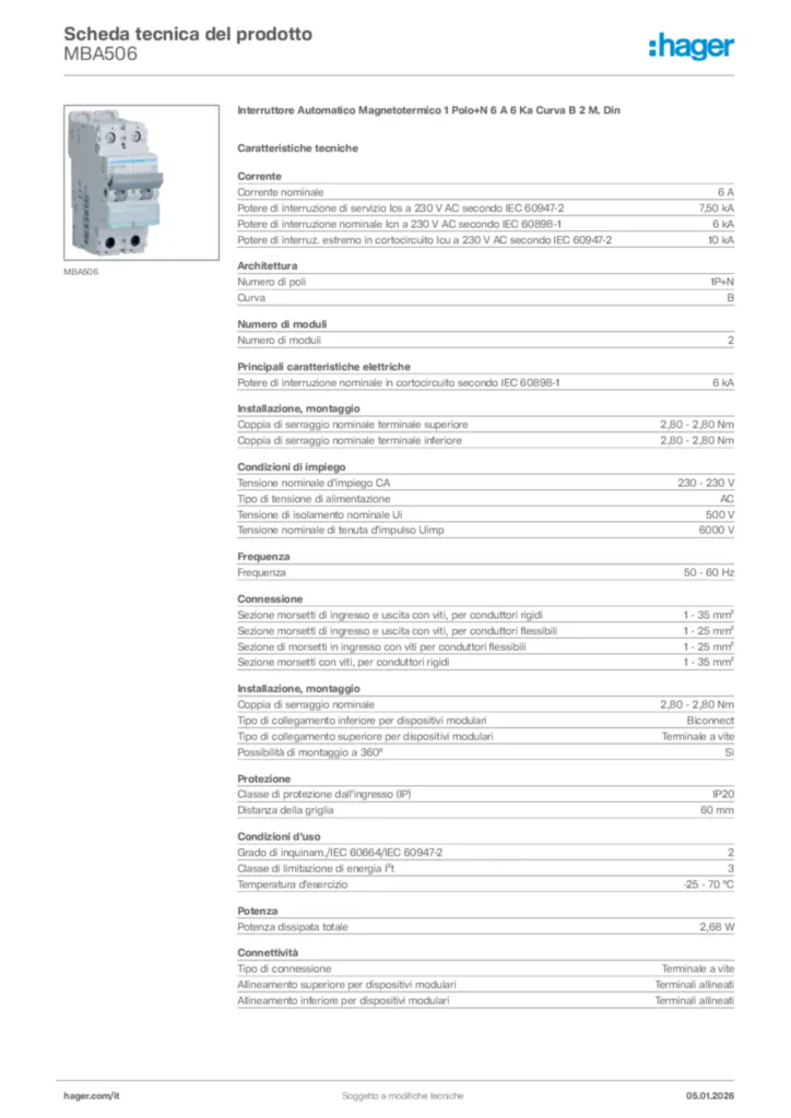 Immagine Hager Scheda tecnica del prodotto MBA506 | Hager Italia