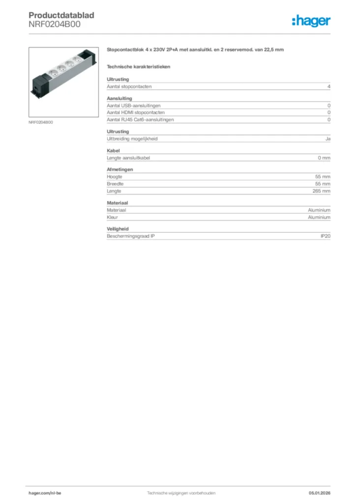 Afbeelding Hager Productdatablad NRF0204B00 | Hager Belgium