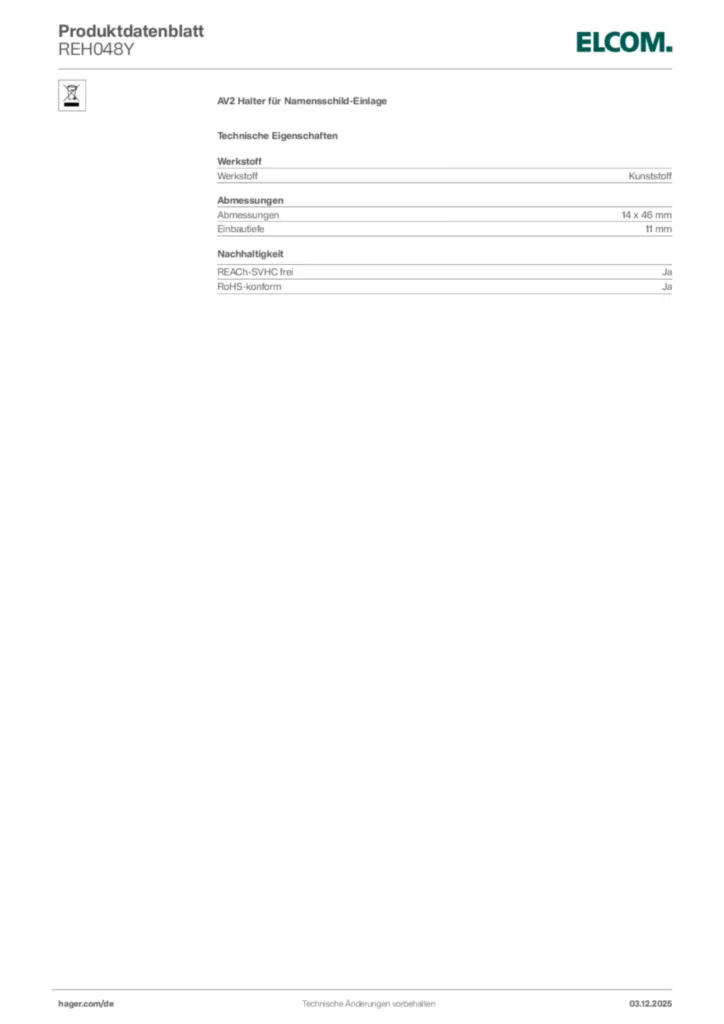 Bild Elcom Produktdatenblatt REH048Y | Hager Deutschland