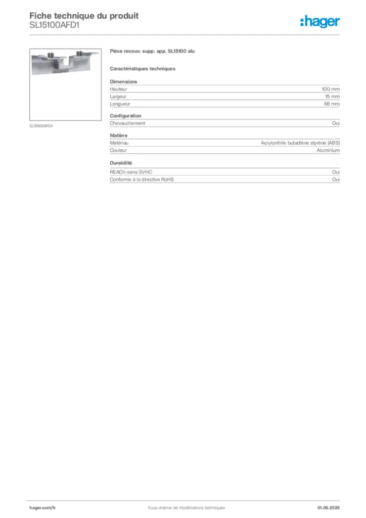 Image Hager Fiche technique du produit SL15100AFD1 | Hager France