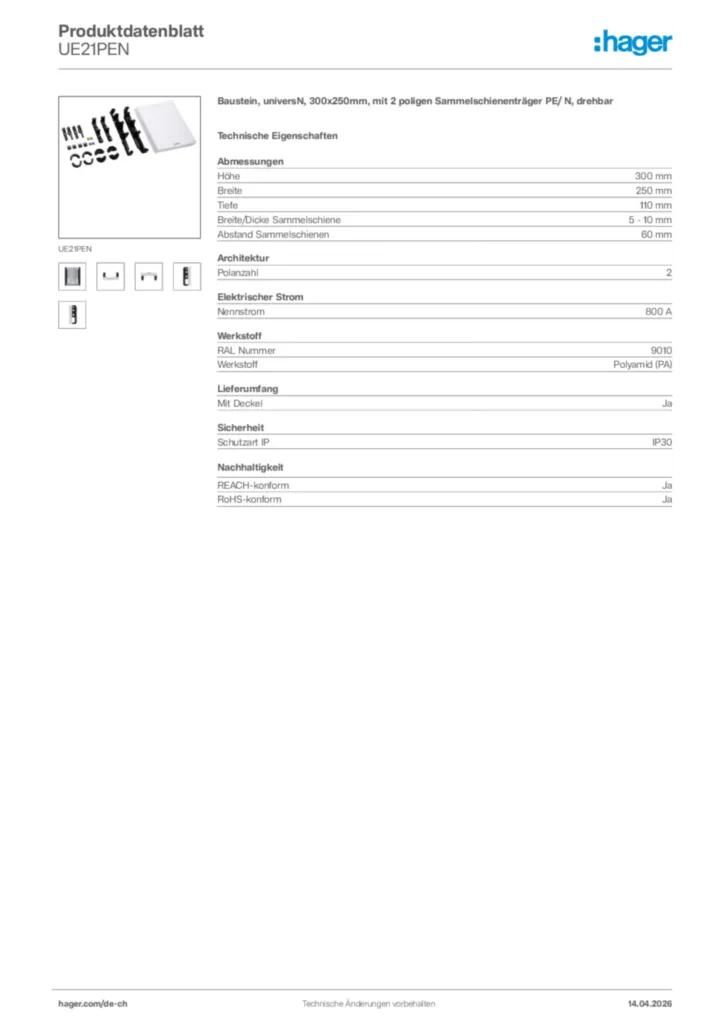 Bild Hager Produktdatenblatt UE21PEN | Hager Schweiz
