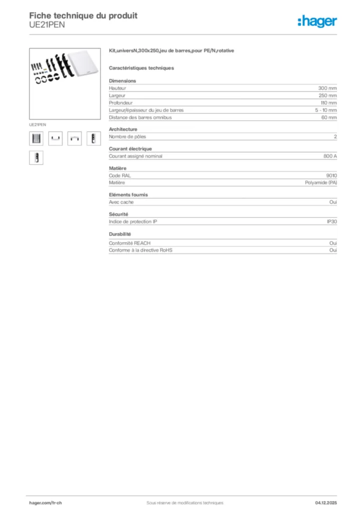Image Hager Fiche technique du produit UE21PEN | Hager Suisse