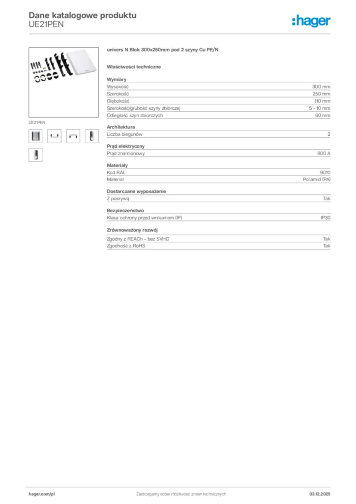 Zdjęcie Hager Dane katalogowe produktu UE21PEN | Hager Polska